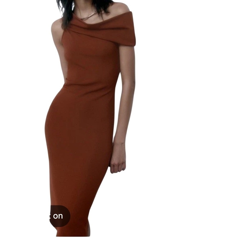 Zara‎ Off The Shoulder Midi Bodycon Dress Womens Medium Brown 5039 466 700